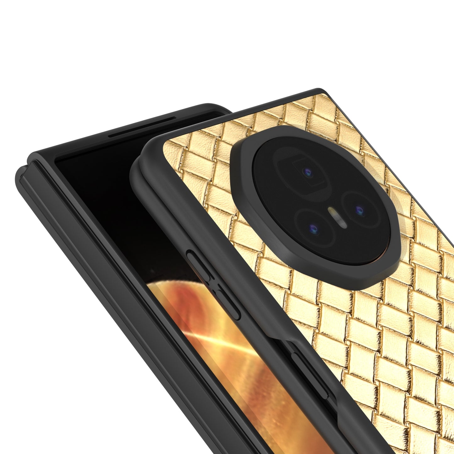 For Honor Magic V3 Black Frame Woven Texture PU Phone Case(Gold)