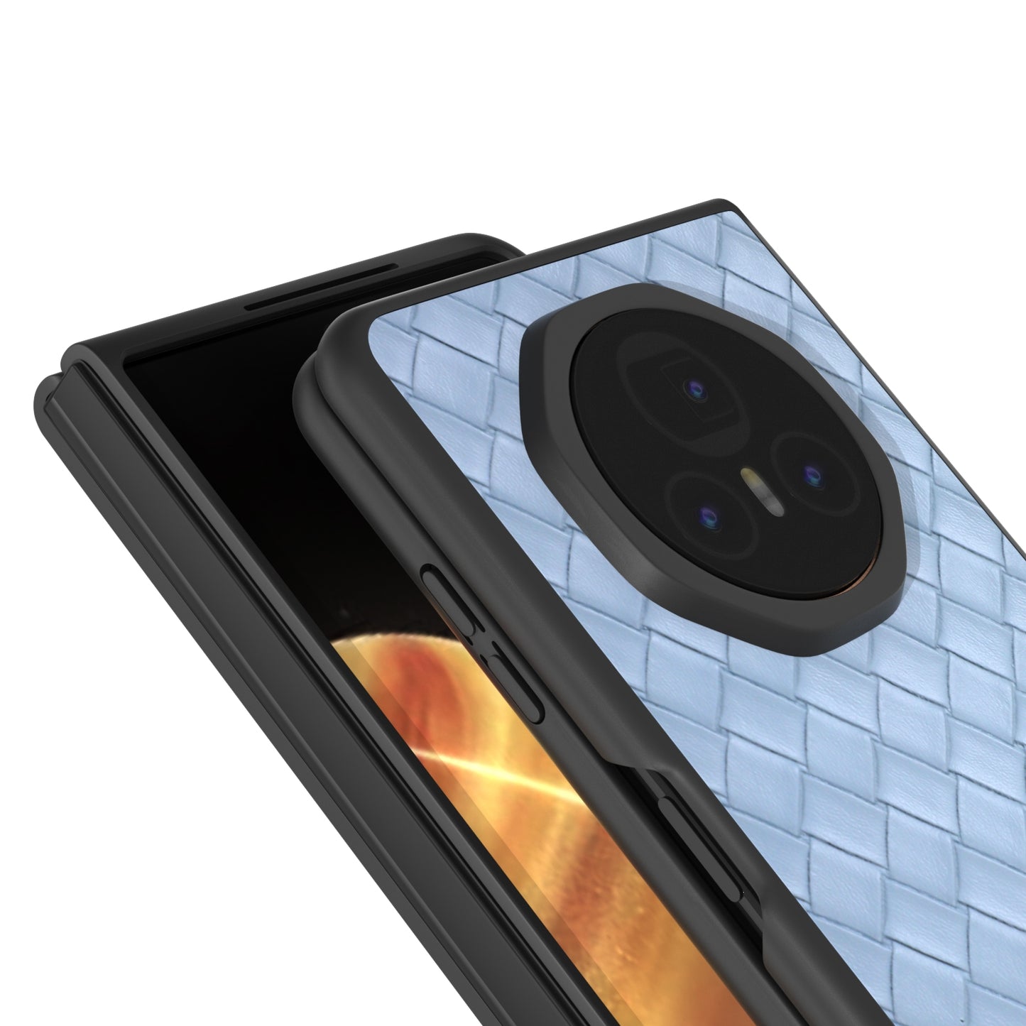 For Honor Magic V3 Black Frame Woven Texture PU Phone Case(Light Blue)