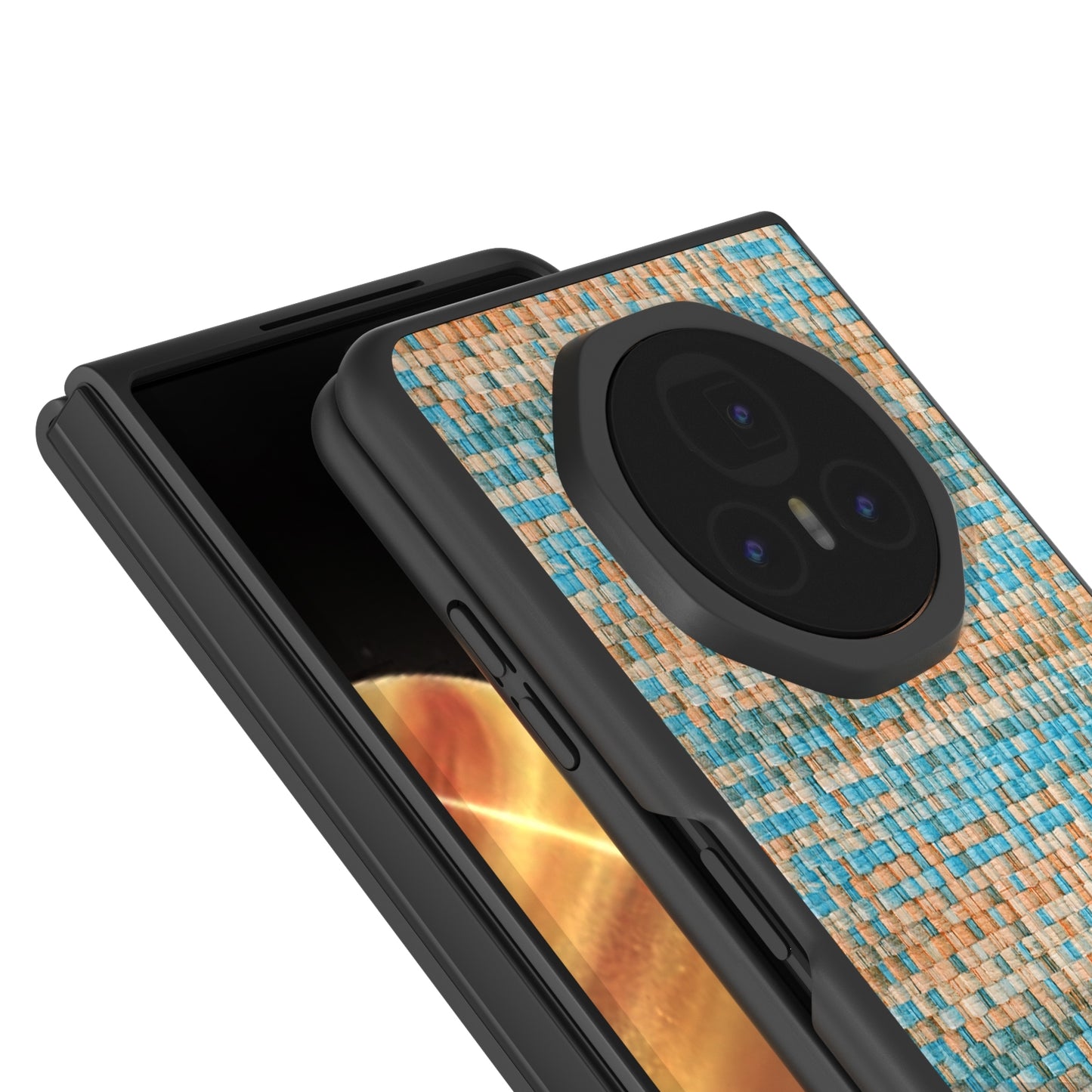 For Honor Magic V3 Black Frame Color Lattice Texture PU Phone Case(Blue)