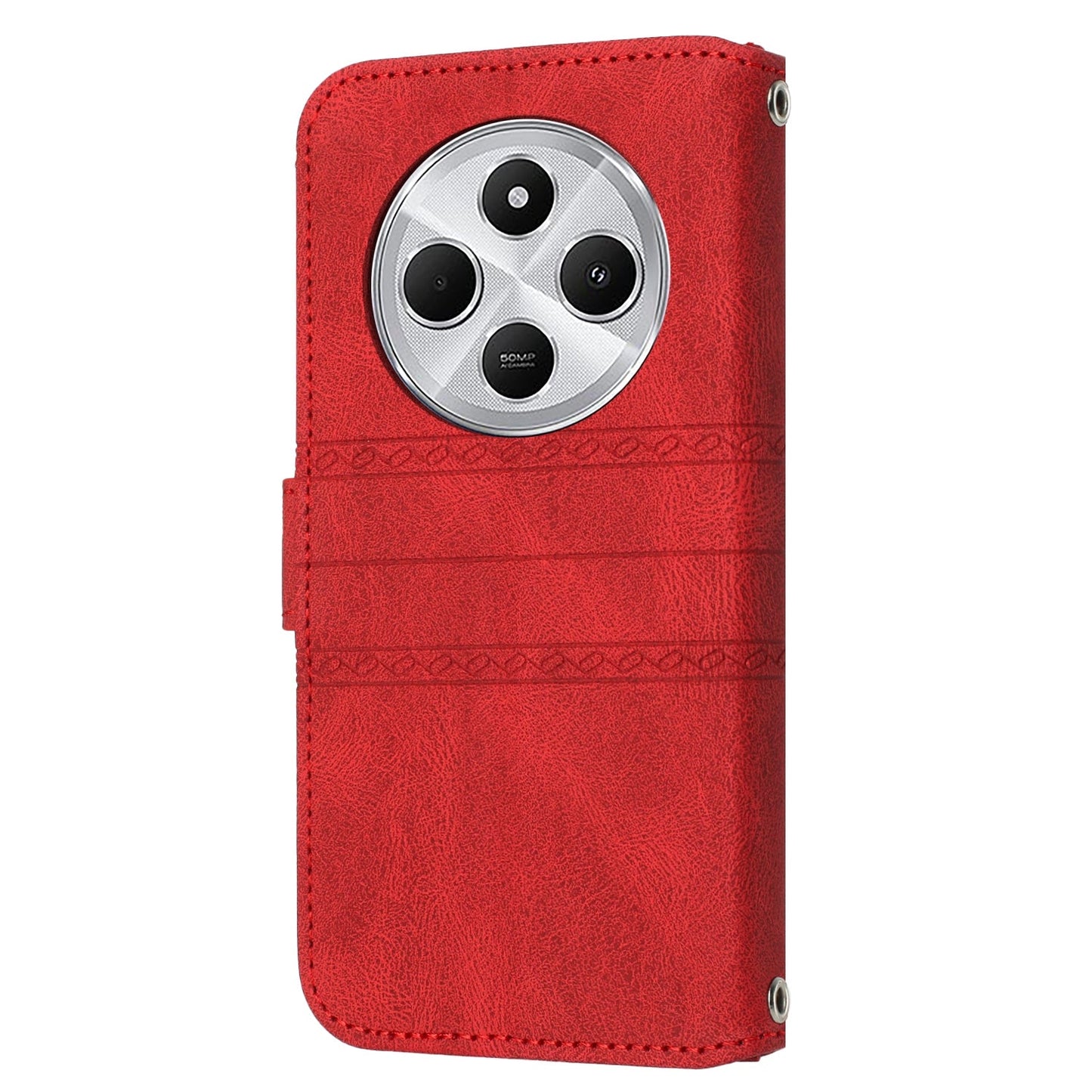 For Redmi 14C 4G Embossed Stripes Skin Feel Leather Phone Case(Red)