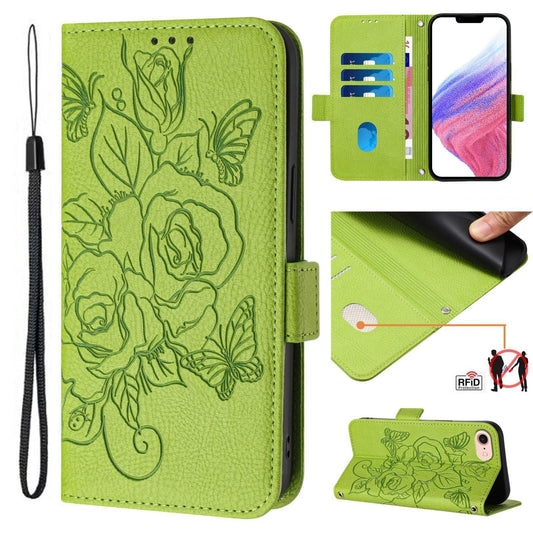 For iPhone 16e Embossed Rose RFID Anti-theft Leather Phone Case(Green)