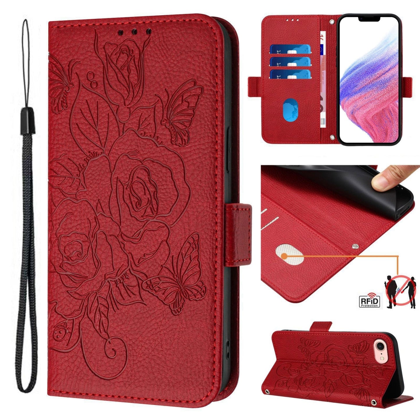 For iPhone 16e Embossed Rose RFID Anti-theft Leather Phone Case(Red)