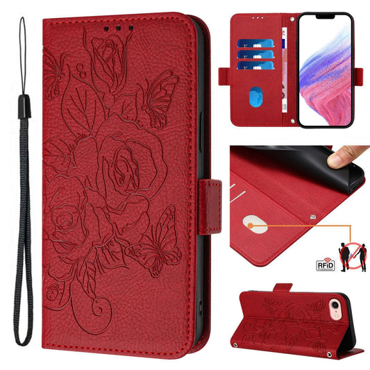 For iPhone 16e Embossed Rose RFID Anti-theft Leather Phone Case(Red)