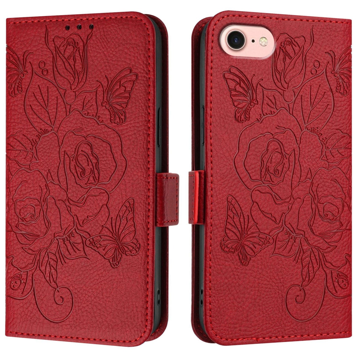 For iPhone 16e Embossed Rose RFID Anti-theft Leather Phone Case(Red)
