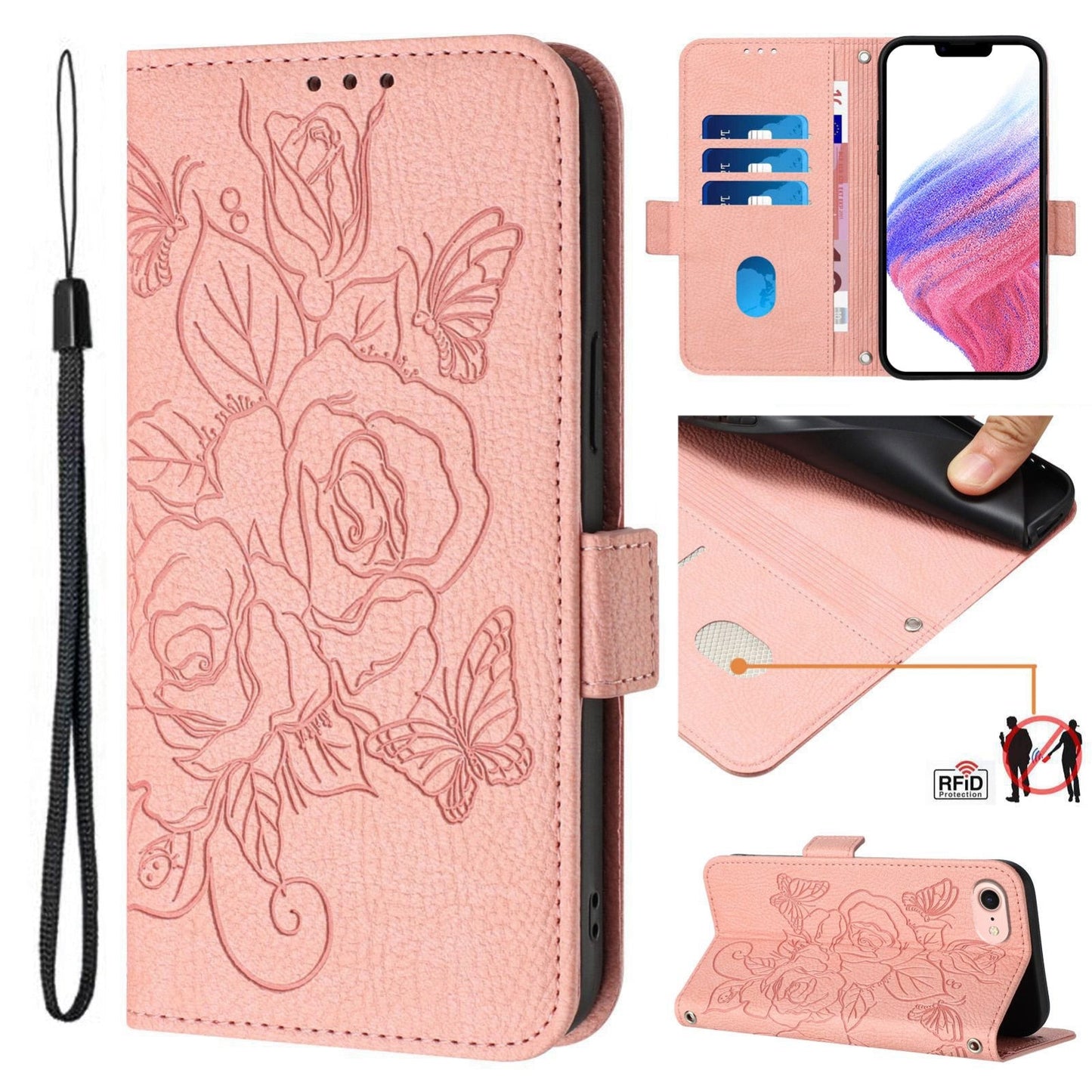 For iPhone 16e Embossed Rose RFID Anti-theft Leather Phone Case(Pink)