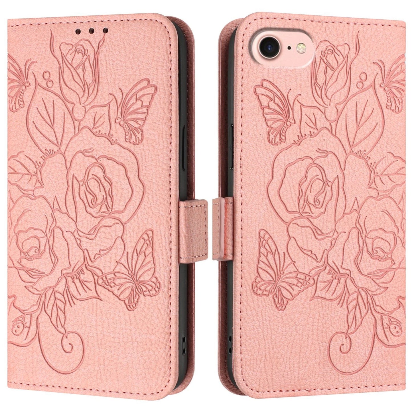 For iPhone 16e Embossed Rose RFID Anti-theft Leather Phone Case(Pink)