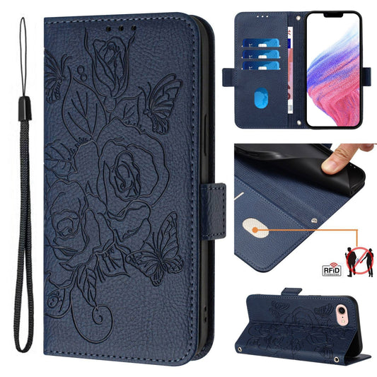 For iPhone 16e Embossed Rose RFID Anti-theft Leather Phone Case(Dark Blue)