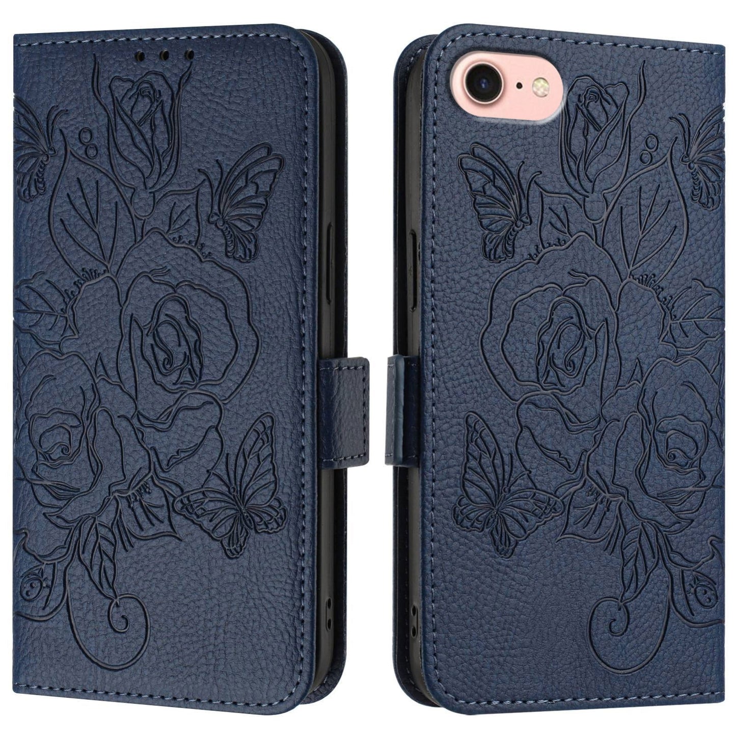 For iPhone 16e Embossed Rose RFID Anti-theft Leather Phone Case(Dark Blue)