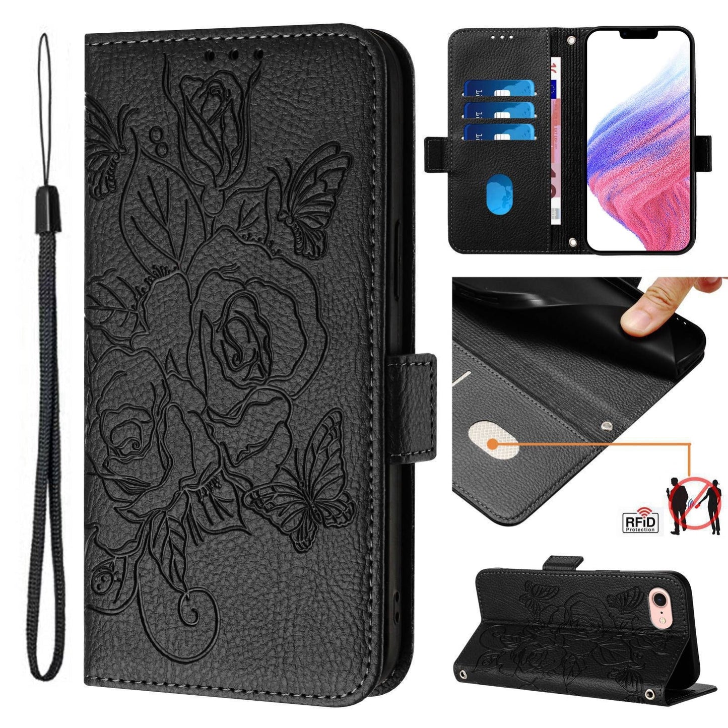 For iPhone 16e Embossed Rose RFID Anti-theft Leather Phone Case(Black)