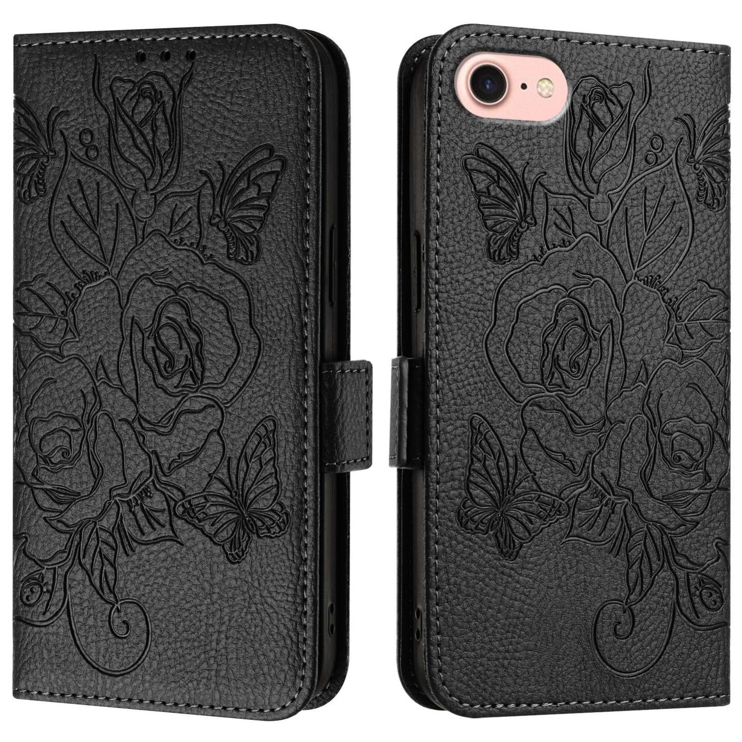 For iPhone 16e Embossed Rose RFID Anti-theft Leather Phone Case(Black)