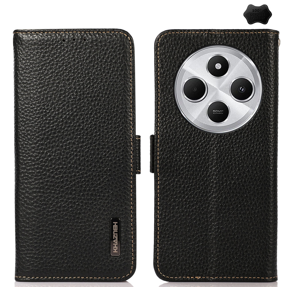 For Redmi 14C 4G KHAZNEH Side-Magnetic Litchi Genuine Leather RFID Phone Case(Black)
