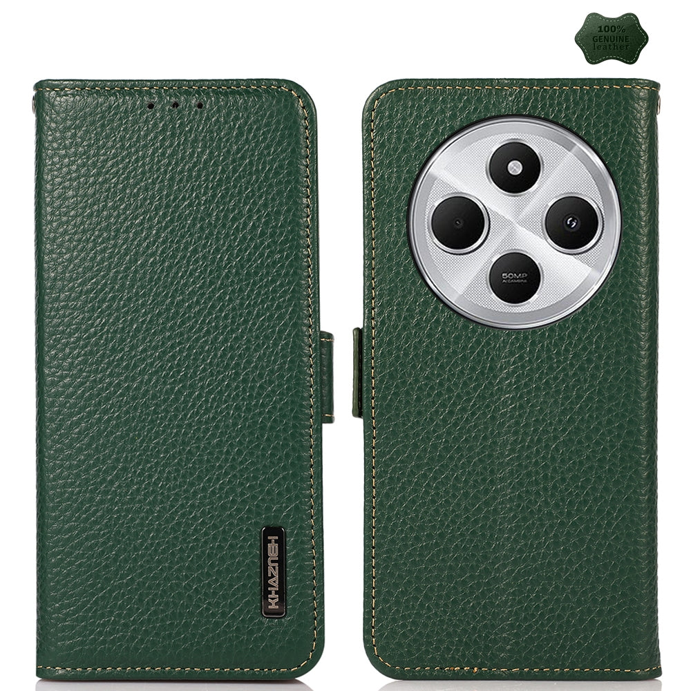For Redmi 14C 4G KHAZNEH Side-Magnetic Litchi Genuine Leather RFID Phone Case(Green)