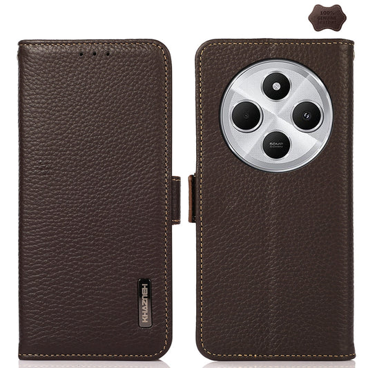 For Redmi 14C 4G KHAZNEH Side-Magnetic Litchi Genuine Leather RFID Phone Case(Brown)