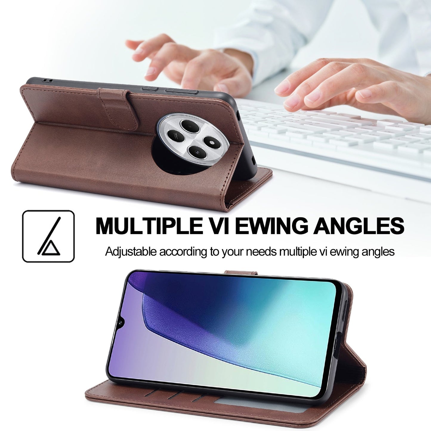 For Redmi 14C LC.IMEEKE Calf Texture Leather Phone Case(Coffee)