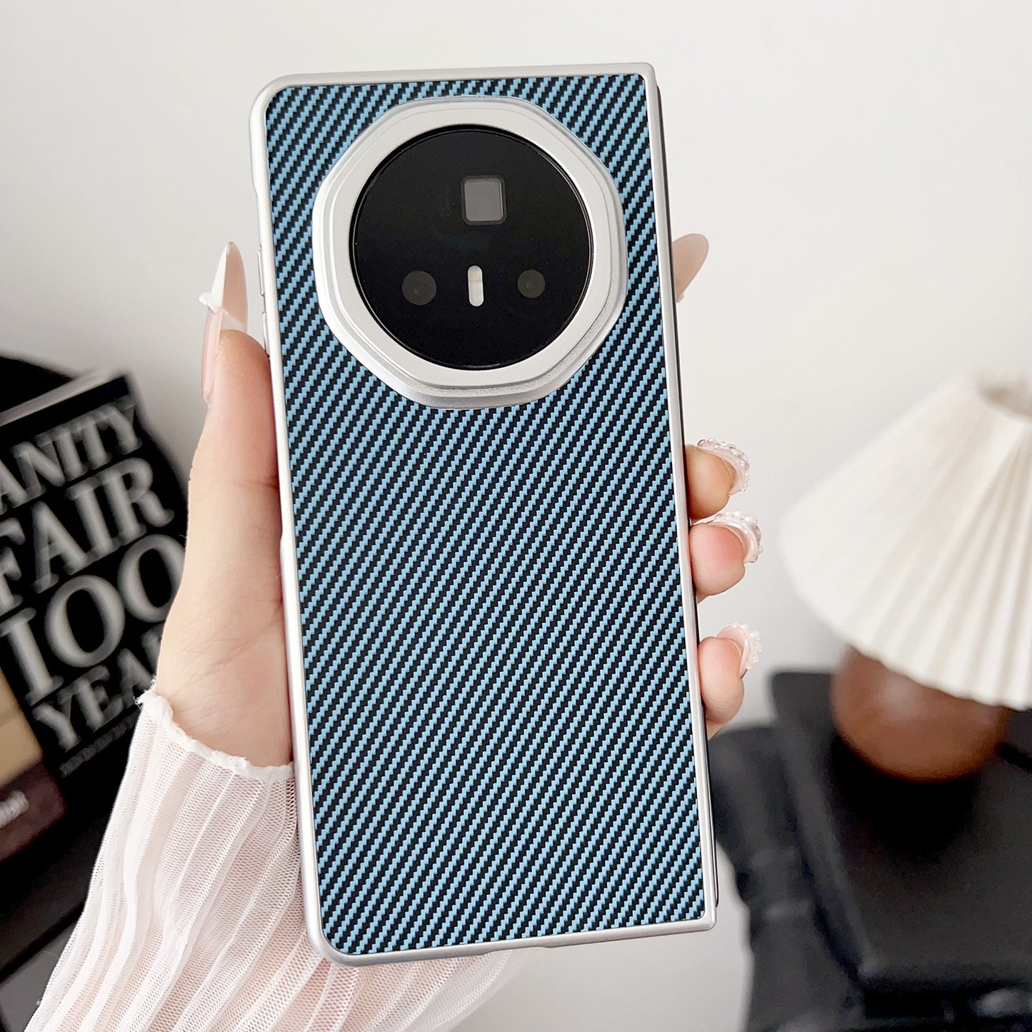 For Honor Magic V3 Carbon Fiber Leather Grain Kevlar Folding Phone Case(Light Blue)