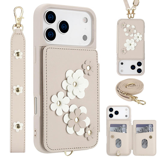 Compatible with iPhone 18 Pro Max & 17 Pro Max Crossbody Flower Pattern Leather Phone Case - White