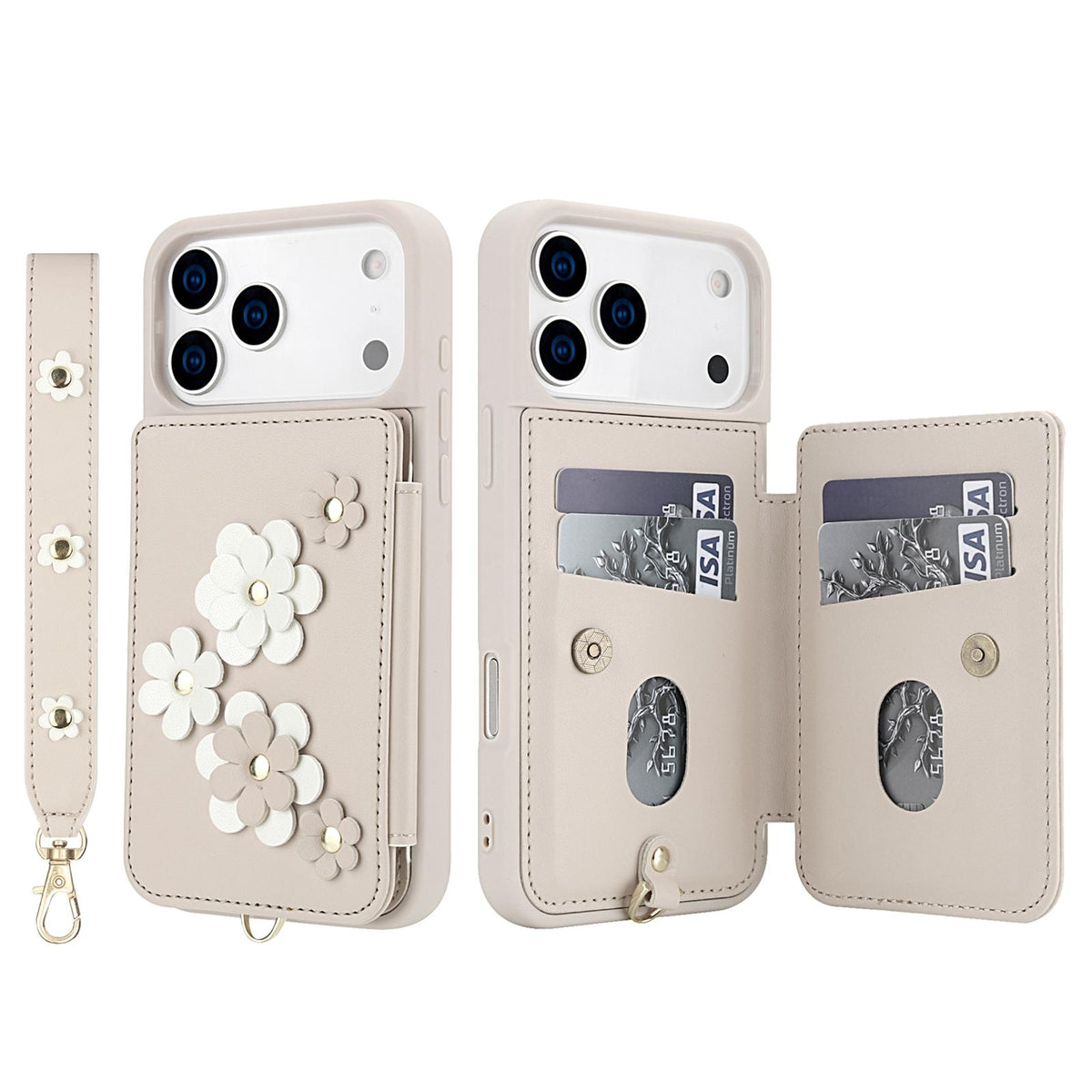 Compatible with iPhone 18 Pro Max & 17 Pro Max Crossbody Flower Pattern Leather Phone Case - White