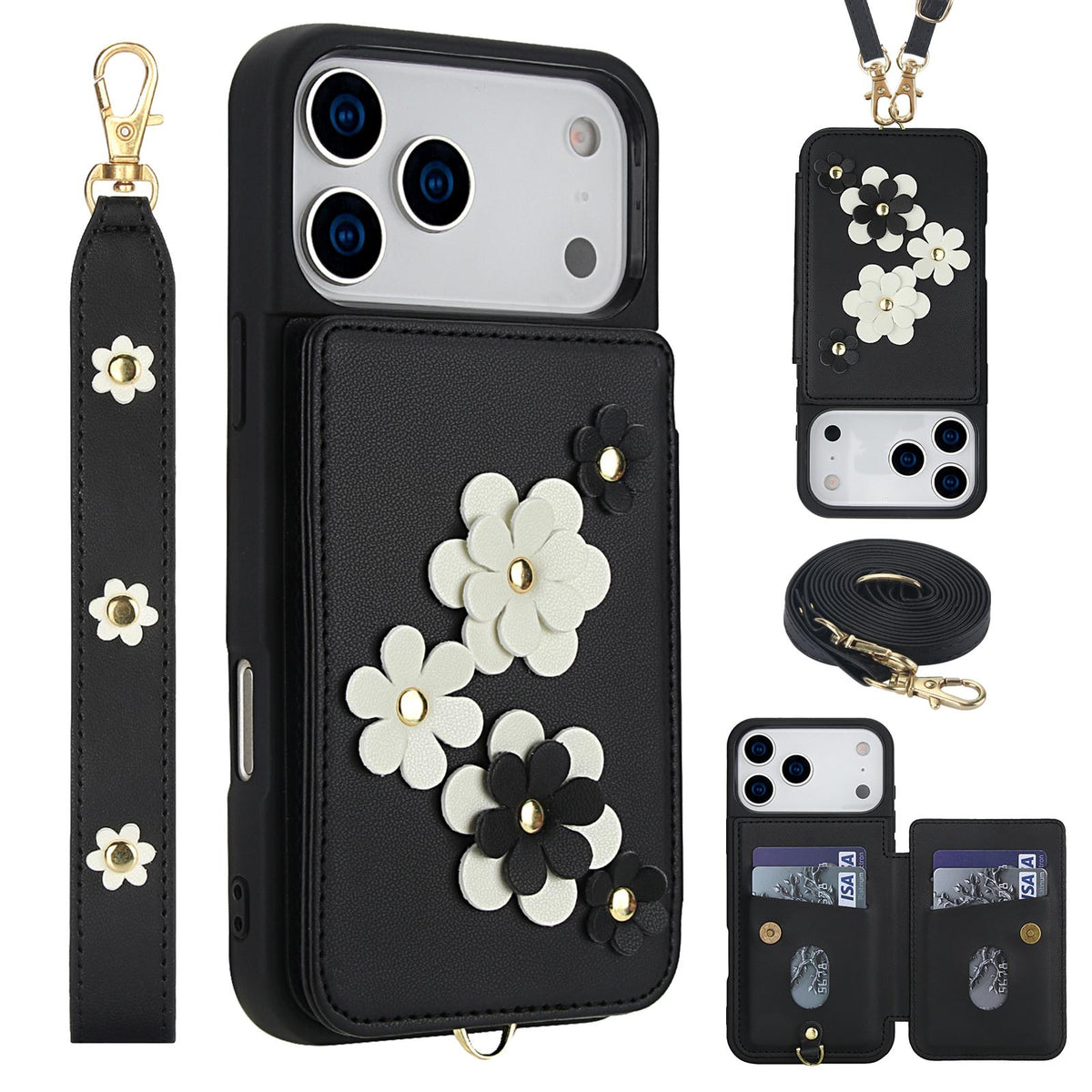 Compatible with iPhone 18 Pro Max & 17 Pro Max Crossbody Flower Pattern Leather Phone Case - Black