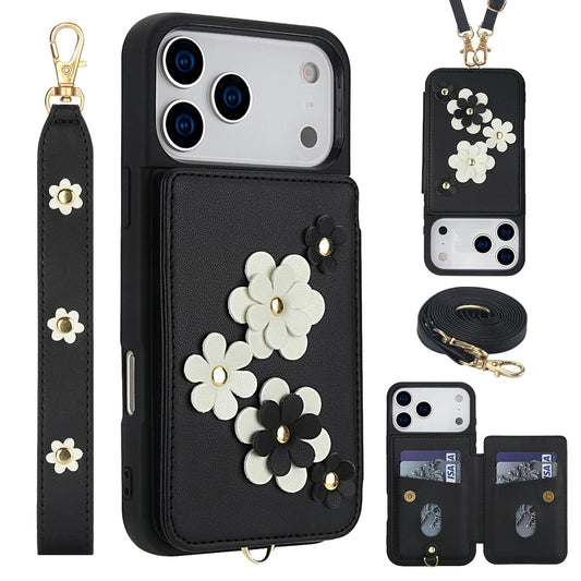 Compatible with iPhone 18 Pro Max & 17 Pro Max Crossbody Flower Pattern Leather Phone Case - Black