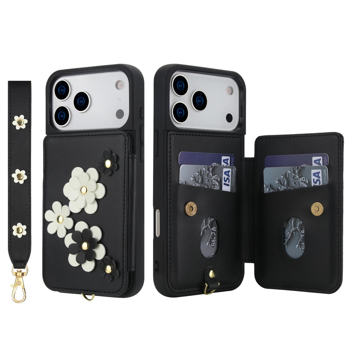Compatible with iPhone 18 Pro Max & 17 Pro Max Crossbody Flower Pattern Leather Phone Case - Black
