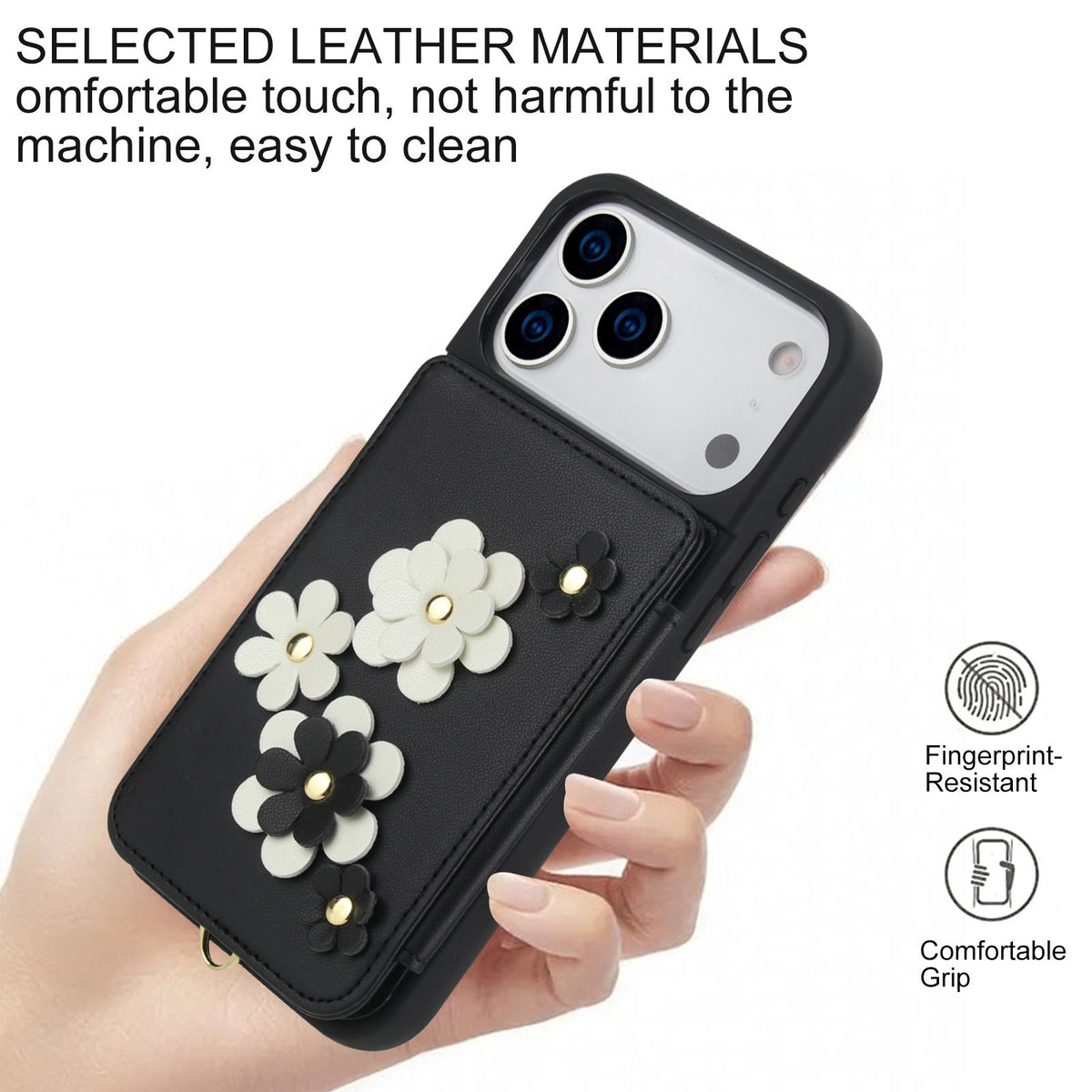 Compatible with iPhone 18 Pro Max & 17 Pro Max Crossbody Flower Pattern Leather Phone Case - Black