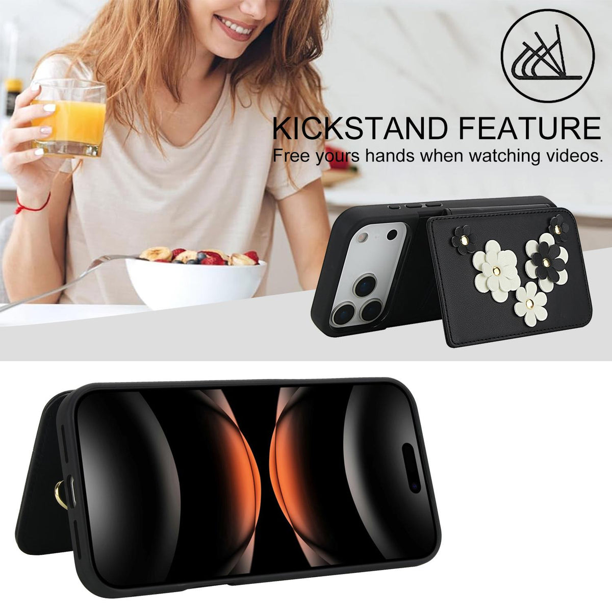 Compatible with iPhone 18 Pro Max & 17 Pro Max Crossbody Flower Pattern Leather Phone Case - Black