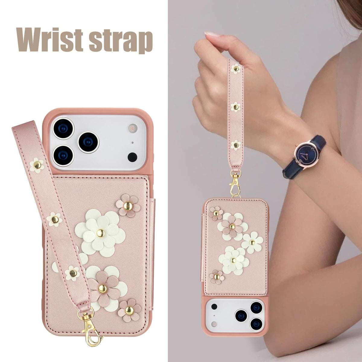 Compatible with iPhone 18 Pro Max & 17 Pro Max Crossbody Flower Pattern Leather Phone Case - Rose Gold