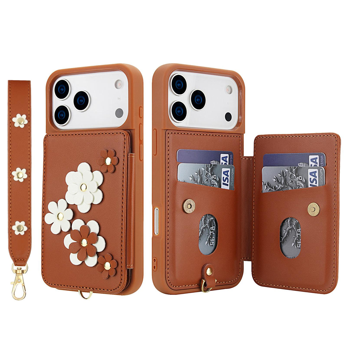 Compatible with iPhone 18 Pro Max & 17 Pro Max Crossbody Flower Pattern Leather Phone Case - Brown