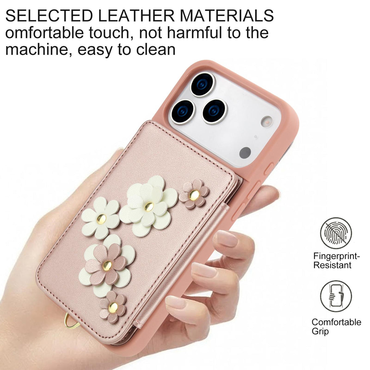Compatible with iPhone 18 Pro & 17 Pro Crossbody Flower Pattern Leather Phone Case - Rose Gold