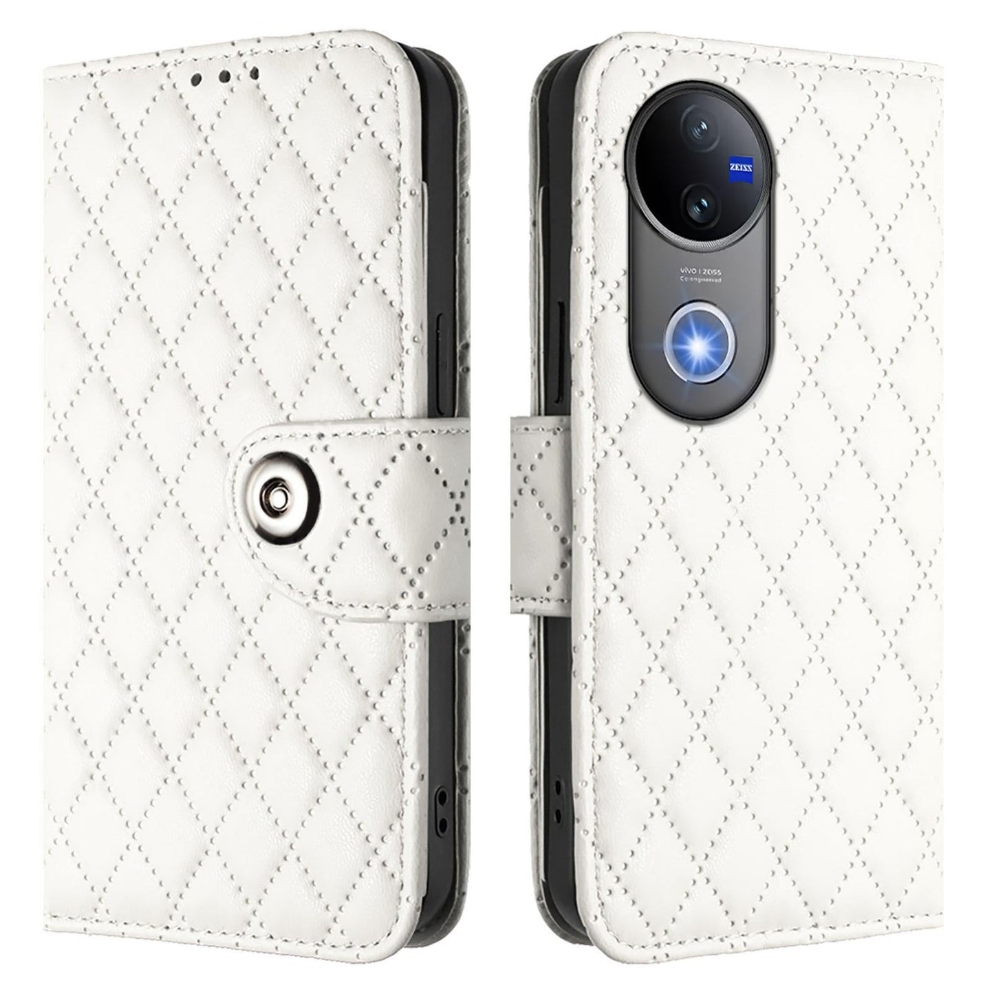 For vivo V50 5G Global Rhombic Texture Flip Leather Phone Case with Lanyard(White)