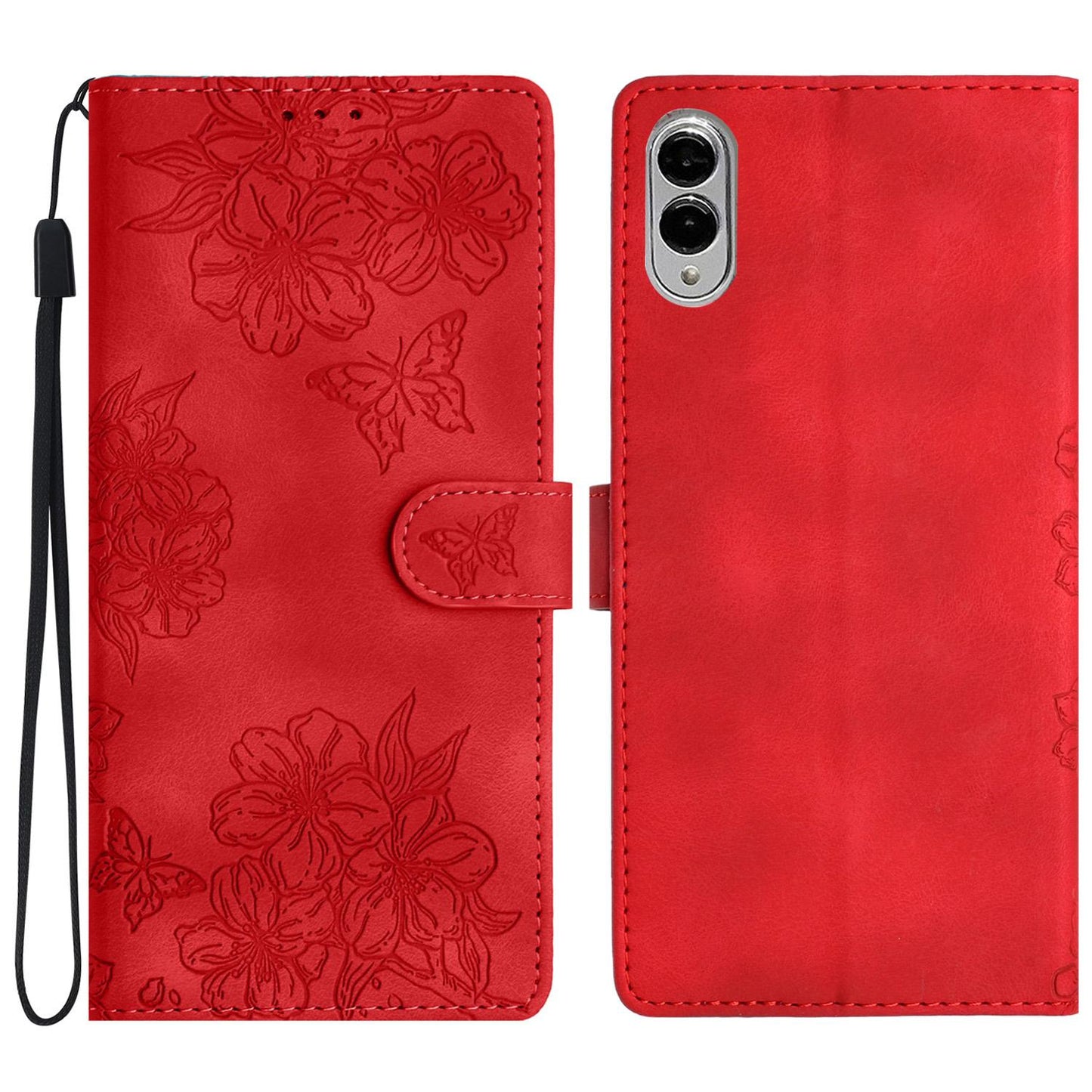 For Samsung Galaxy S25 Edge 5G Cherry Blossom Butterfly Skin Feel Embossed PU Phone Case(Red)