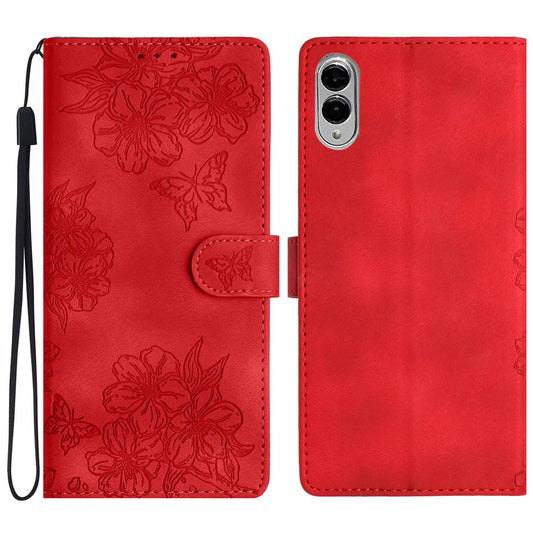For Samsung Galaxy S25 Edge 5G Cherry Blossom Butterfly Skin Feel Embossed PU Phone Case(Red)
