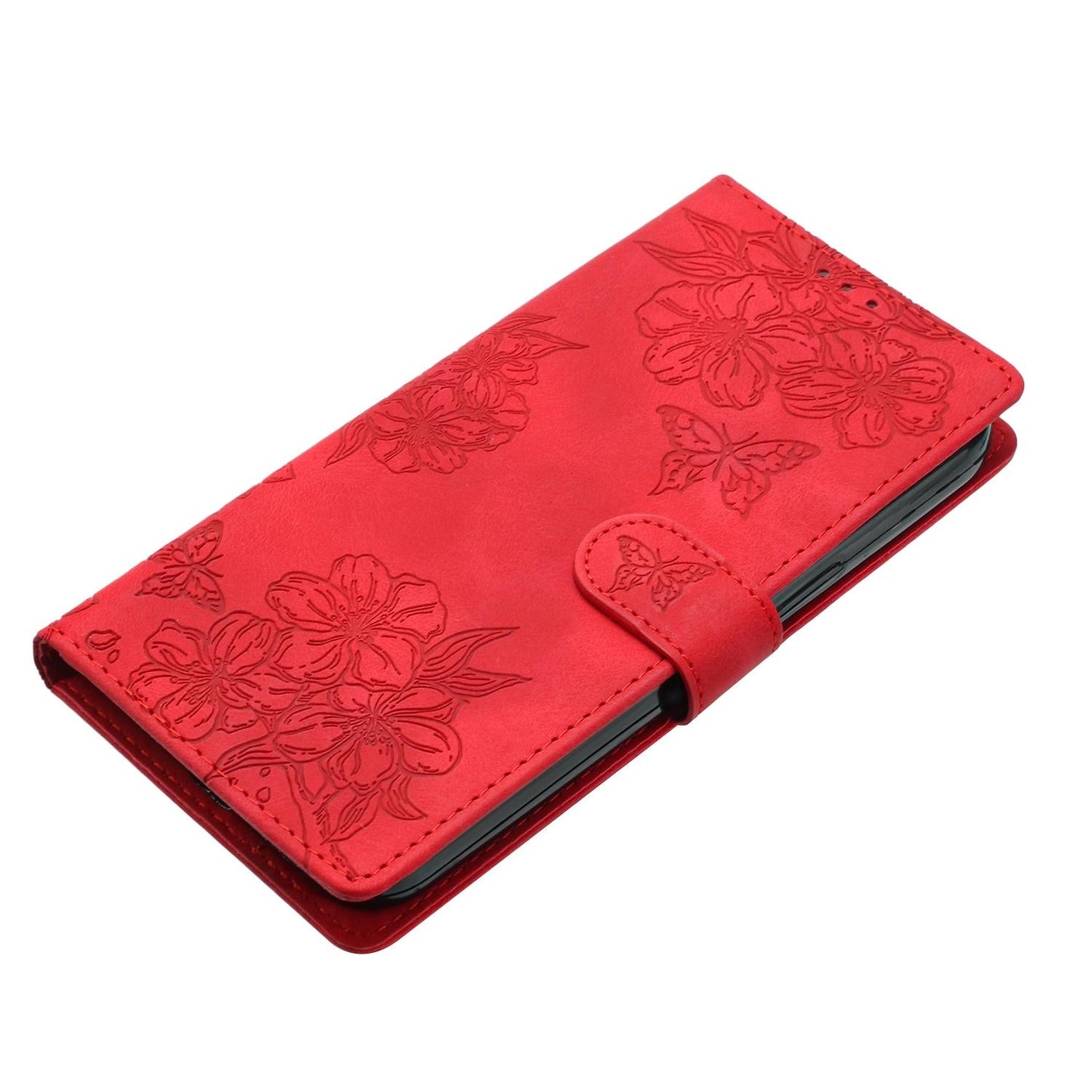 For Samsung Galaxy S25 Edge 5G Cherry Blossom Butterfly Skin Feel Embossed PU Phone Case(Red)