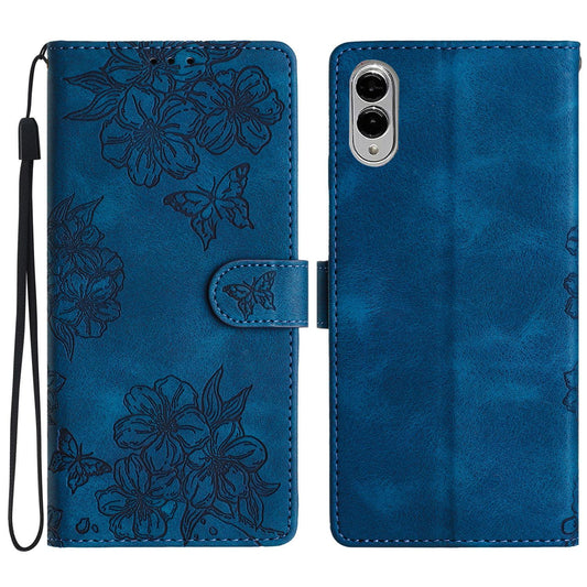 For Samsung Galaxy S25 Edge 5G Cherry Blossom Butterfly Skin Feel Embossed PU Phone Case(Blue)