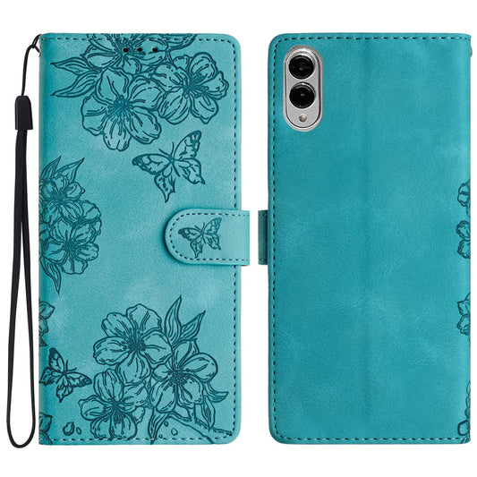 For Samsung Galaxy S25 Edge 5G Cherry Blossom Butterfly Skin Feel Embossed PU Phone Case(Green)