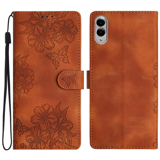 For Samsung Galaxy S25 Edge 5G Cherry Blossom Butterfly Skin Feel Embossed PU Phone Case(Brown)