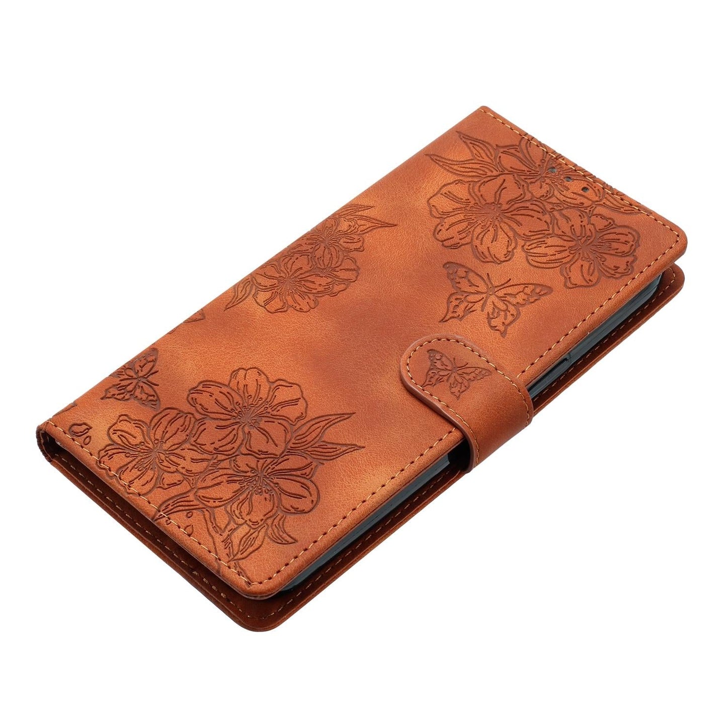 For Samsung Galaxy S25 Edge 5G Cherry Blossom Butterfly Skin Feel Embossed PU Phone Case(Brown)
