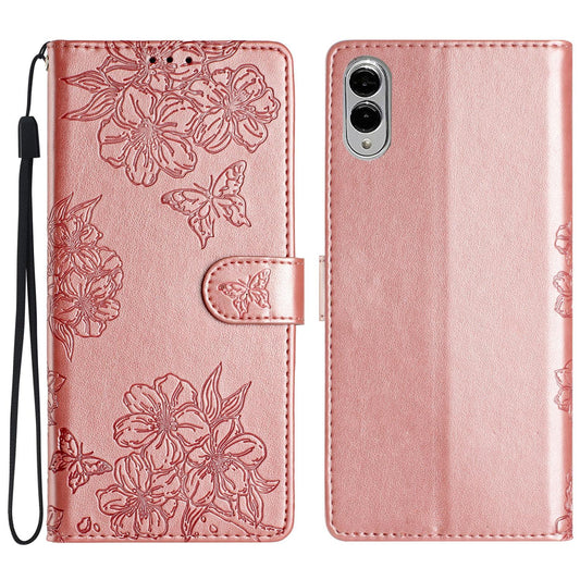 For Samsung Galaxy S25 Edge 5G Cherry Blossom Butterfly Skin Feel Embossed PU Phone Case(Rose Gold)