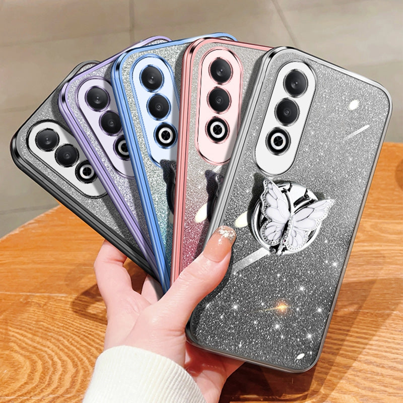 For OPPO K12 Plated Gradient Glitter Butterfly Holder TPU Phone Case(Sierra Blue)