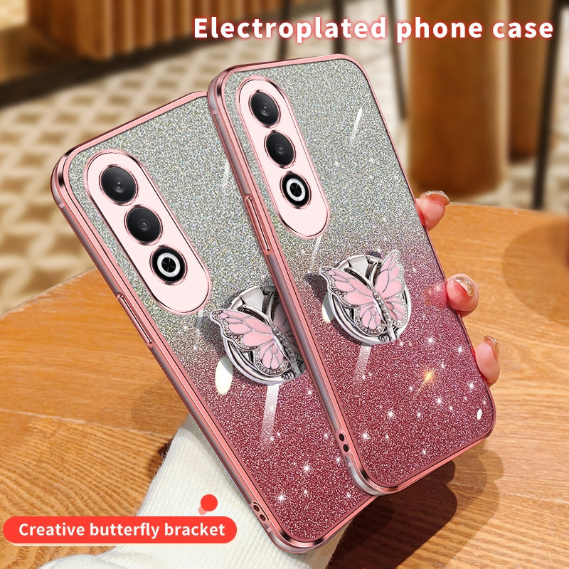 For OPPO K12 Plated Gradient Glitter Butterfly Holder TPU Phone Case(Sierra Blue)