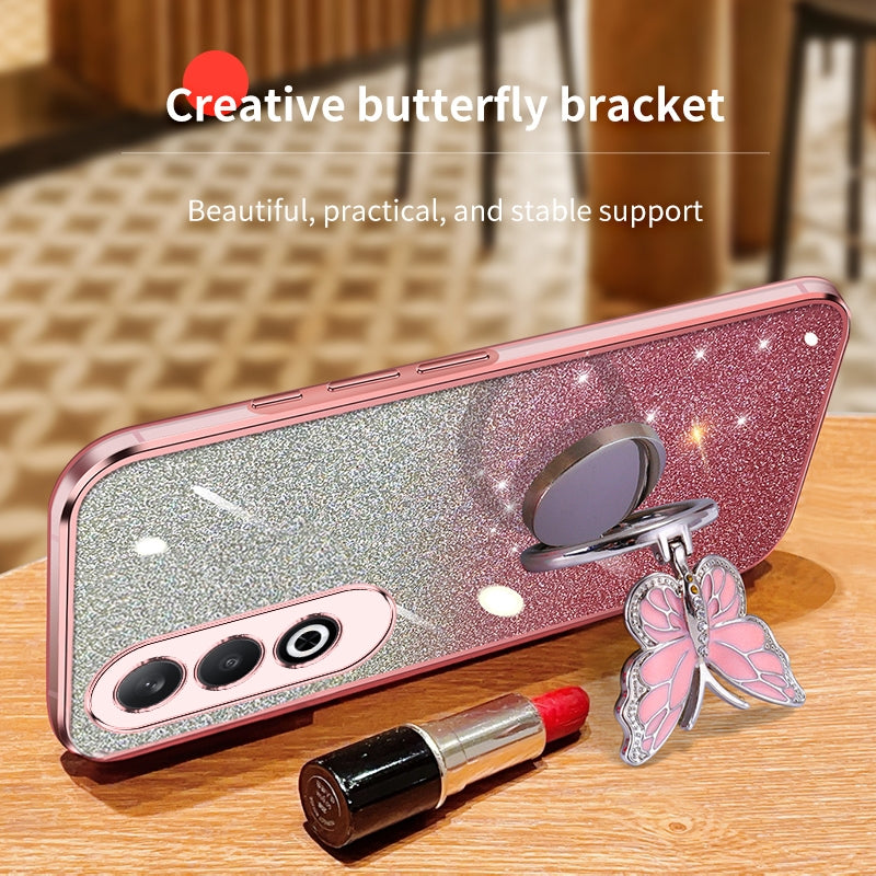 For OPPO K12 Plated Gradient Glitter Butterfly Holder TPU Phone Case(Sierra Blue)