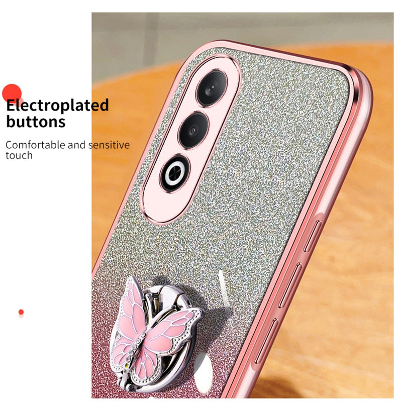 For OPPO K12 Plated Gradient Glitter Butterfly Holder TPU Phone Case(Sierra Blue)
