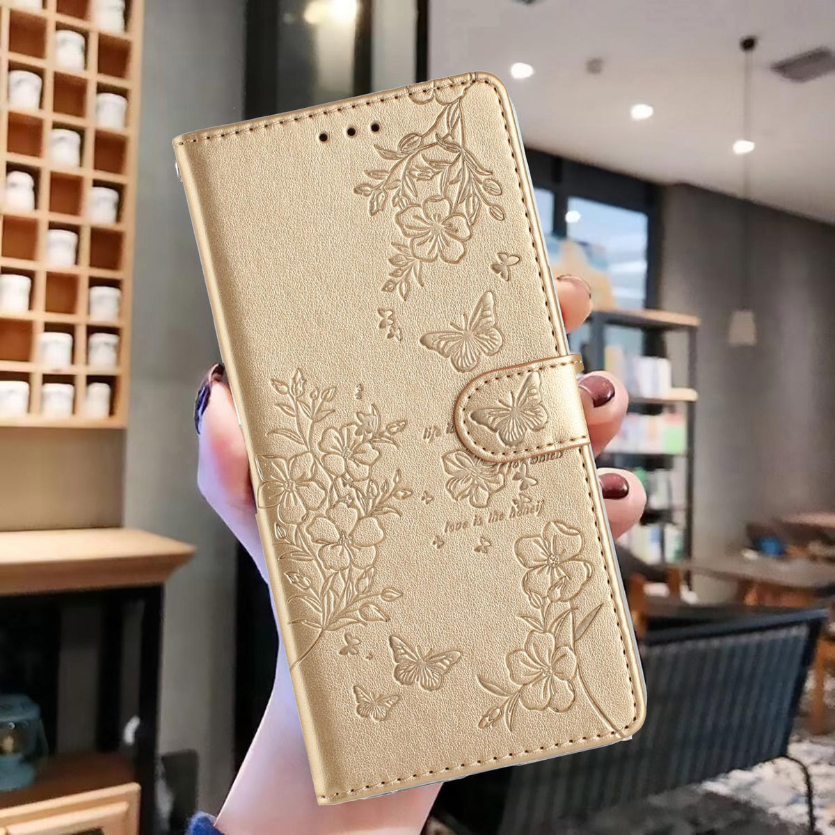 Compatible with iPhone 18 Pro Max Butterflies and Flowers Leather Phone Case - Gold