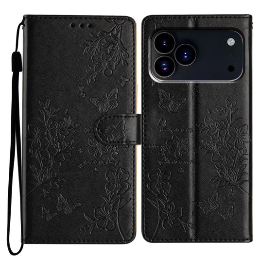 Compatible with iPhone 18 Pro Max Butterflies and Flowers Leather Phone Case - Black