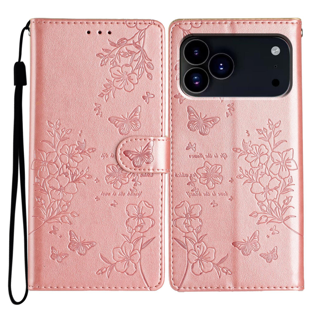 Compatible with iPhone 18 Pro Max Butterflies and Flowers Leather Phone Case - Rose Gold
