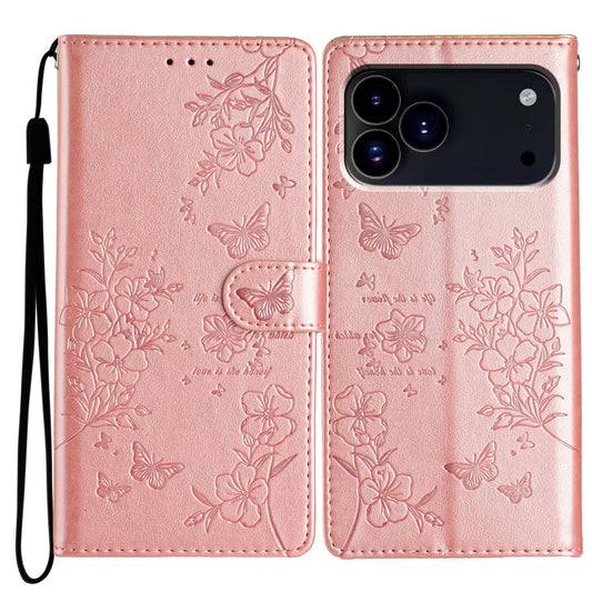 Compatible with iPhone 18 Pro Max Butterflies and Flowers Leather Phone Case - Rose Gold
