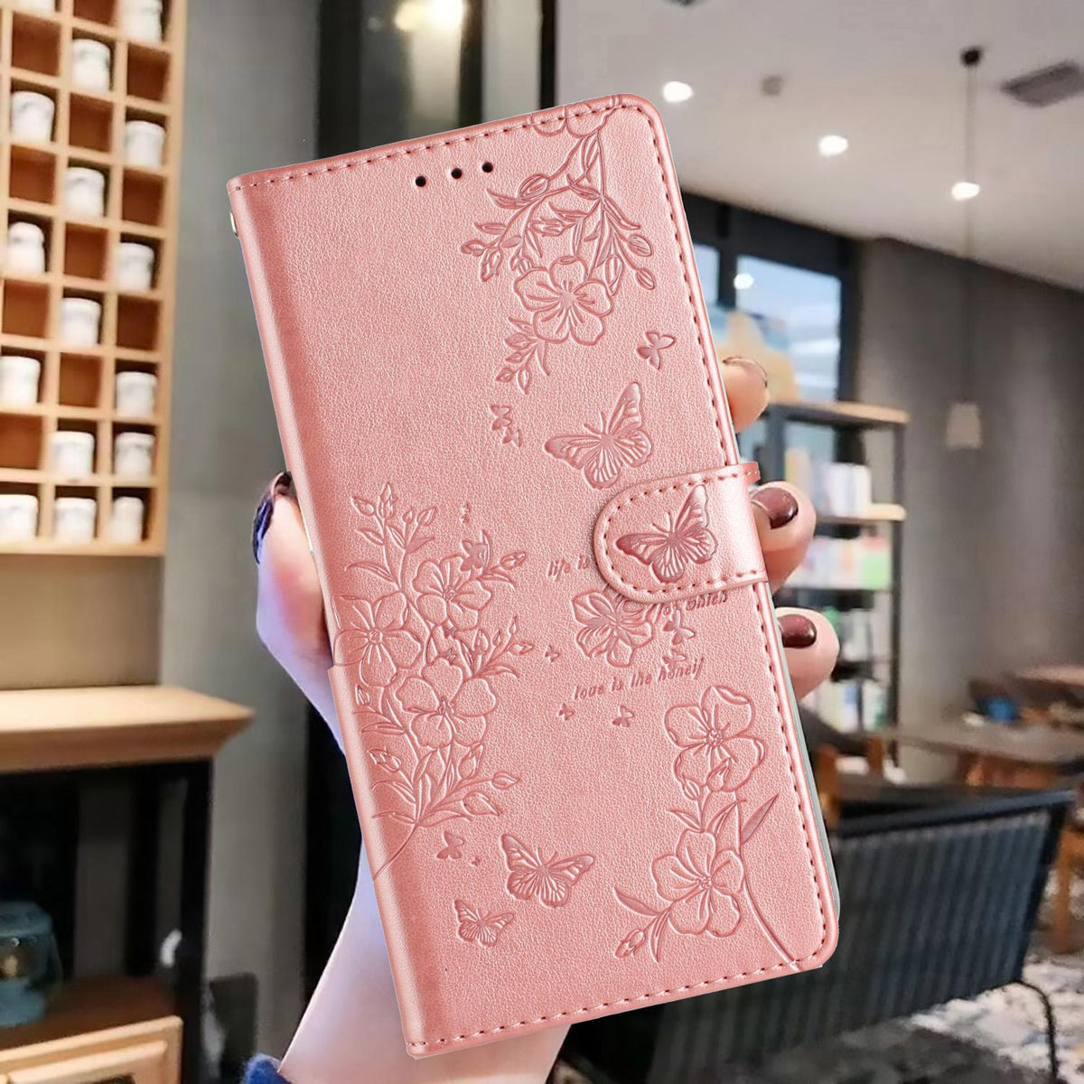 Compatible with iPhone 18 Pro Max Butterflies and Flowers Leather Phone Case - Rose Gold