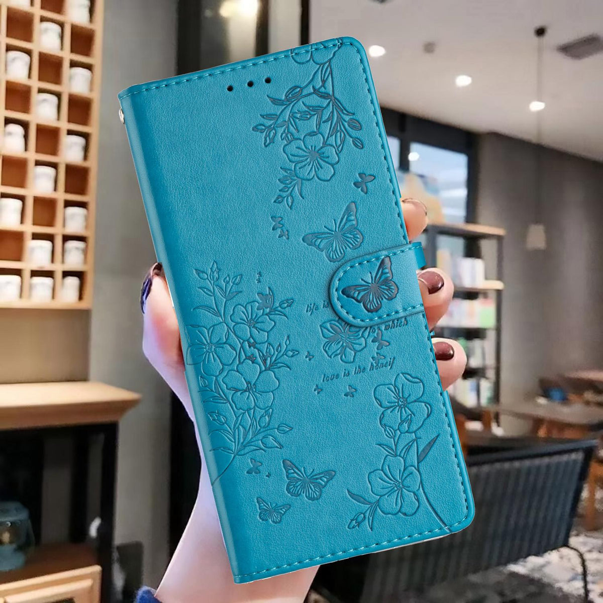 Compatible with iPhone 18 Pro Max Butterflies and Flowers Leather Phone Case - Blue