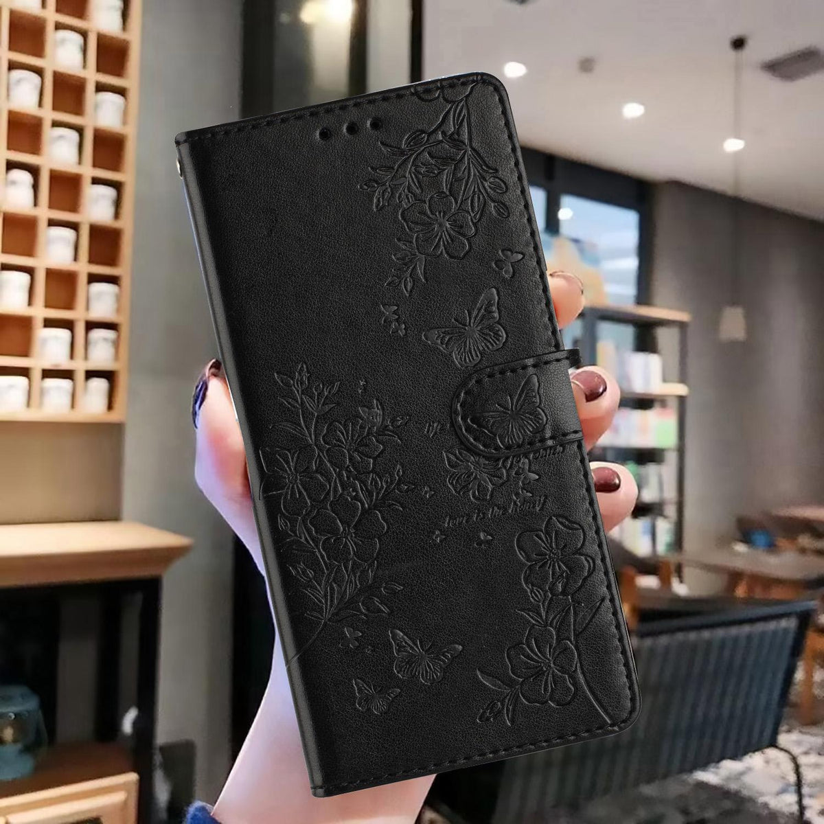 Compatible with iPhone 18 Pro Butterflies and Flowers Leather Phone Case - Black