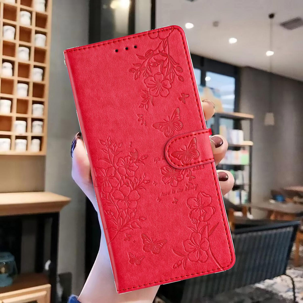 Compatible with iPhone 18 Pro Butterflies and Flowers Leather Phone Case - Red